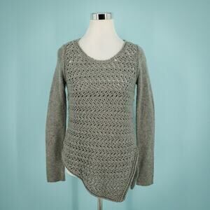 Helmut Lang Size XS Wool Cashmere Gray Crochet Open Knit Asymmetrical Sweater